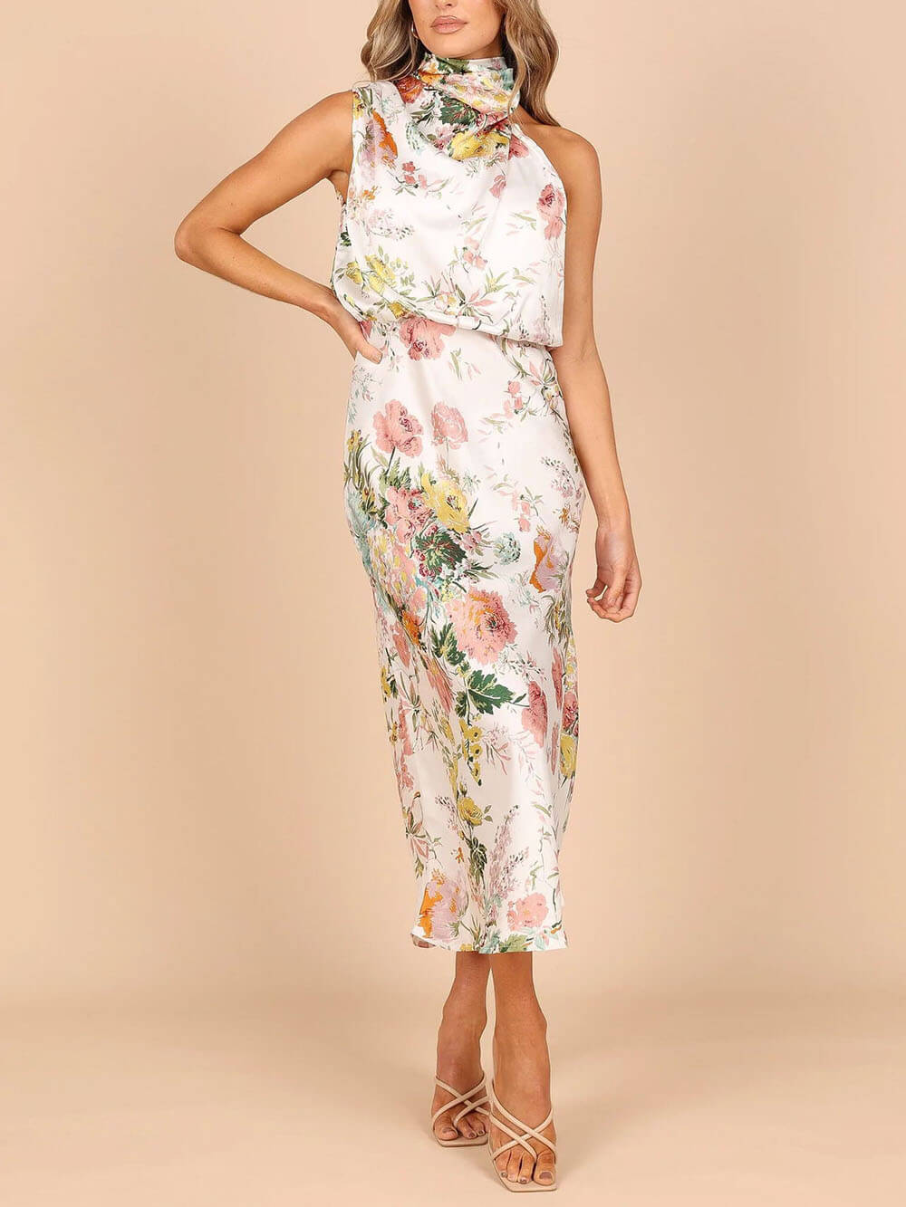 Robe longue florale à taille élastique et col licou