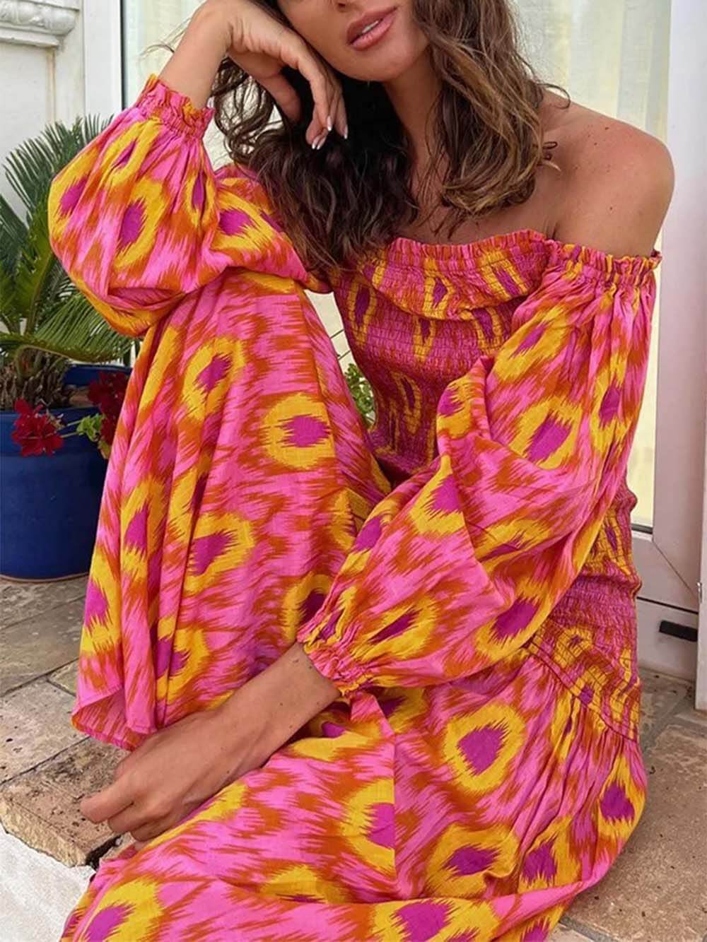 Unique Printed Off Shoulder Balloon Sleeve Smocked Midi Dress