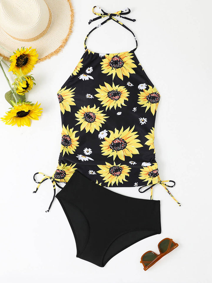 Set tankini con coulisse e scollo all'americana con stampa girasole