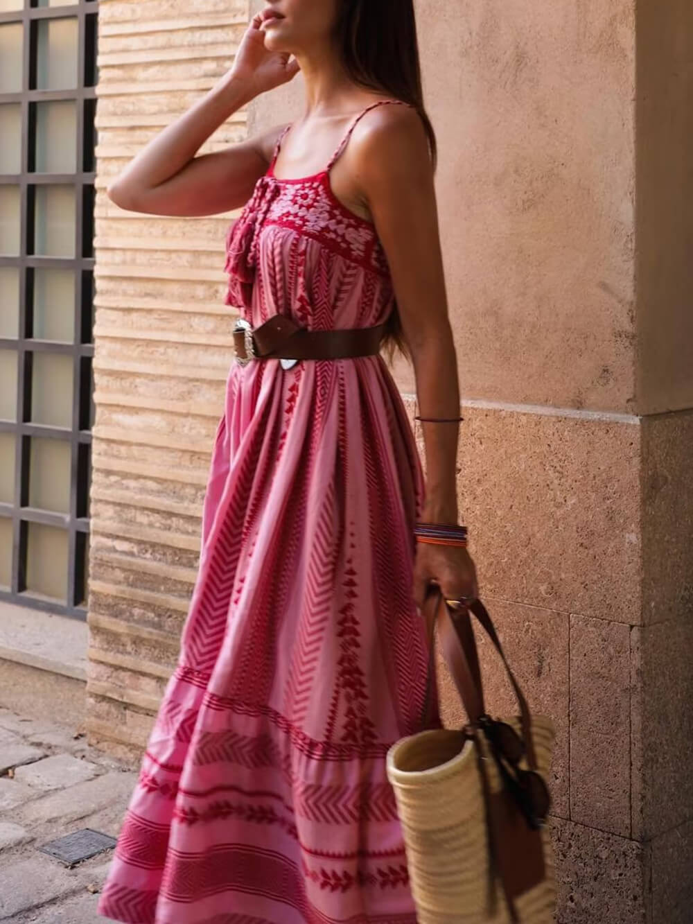 Vestido largo de punto con patchwork de crochet de estilo étnico