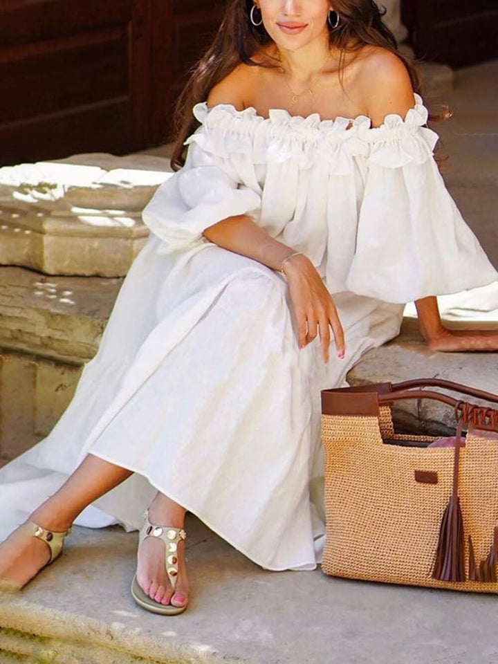 Μίντι φόρεμα Off Shoulder Ruffle Puff μανίκι με τσέπη