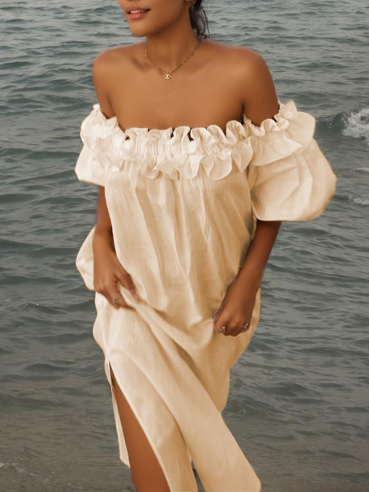 Μίντι φόρεμα Off Shoulder Ruffle Puff μανίκι με τσέπη