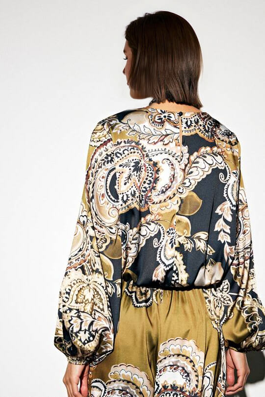 Exquisite Satin Paisley Print Elastic-Waist Wide-Leg Pants