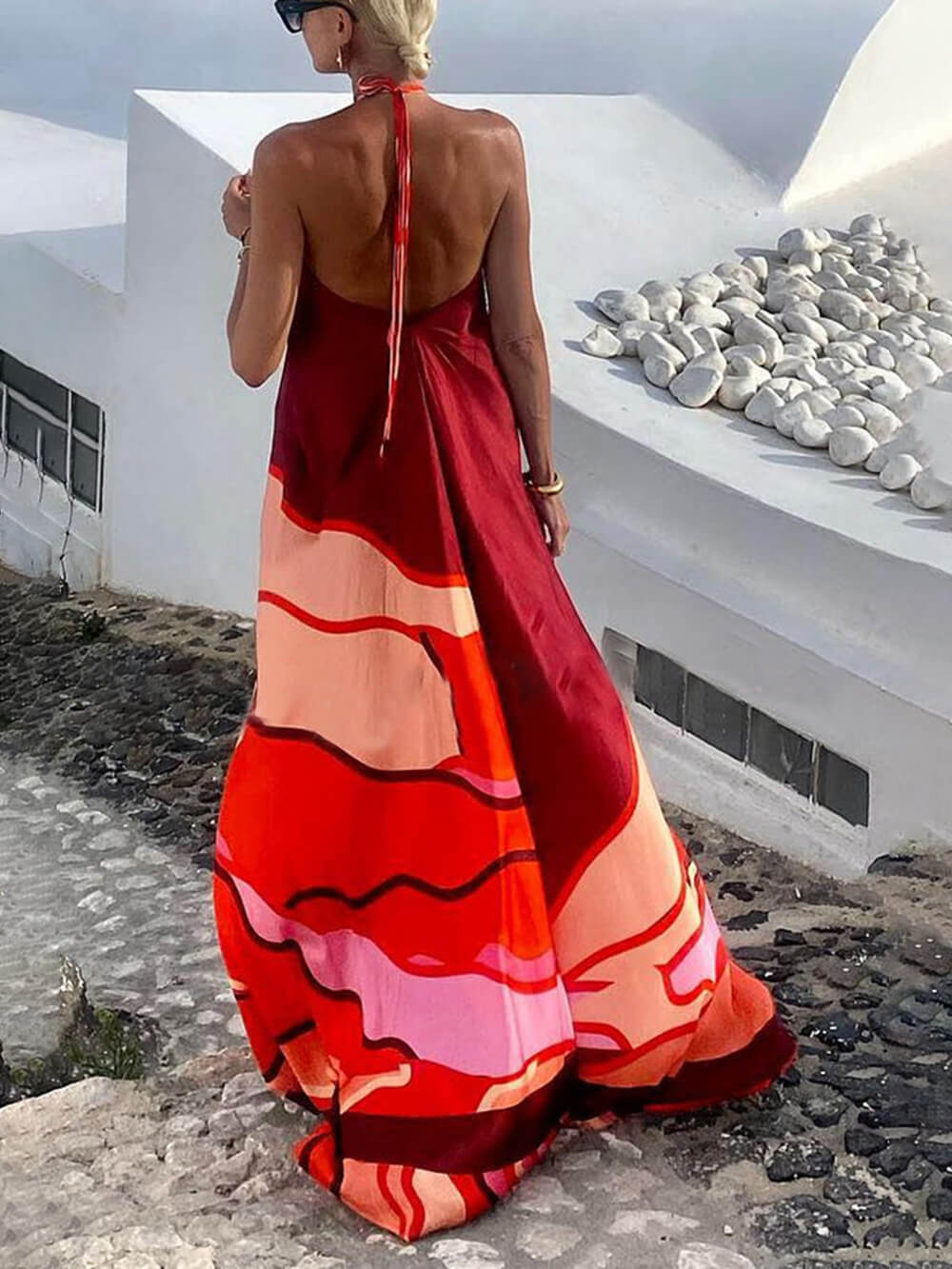 Maxi abito a trapezio stampato con scollo all'americana stile vacanza estiva