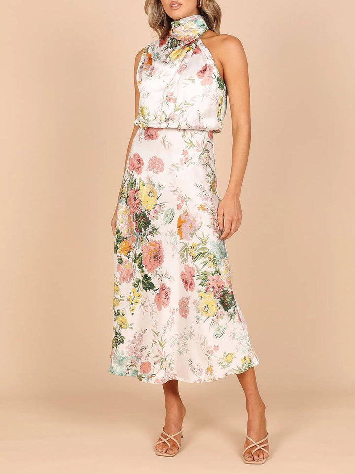 Robe longue florale à taille élastique et col licou