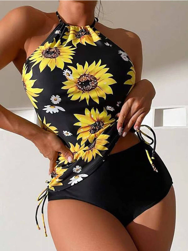 Set tankini con coulisse e scollo all'americana con stampa girasole