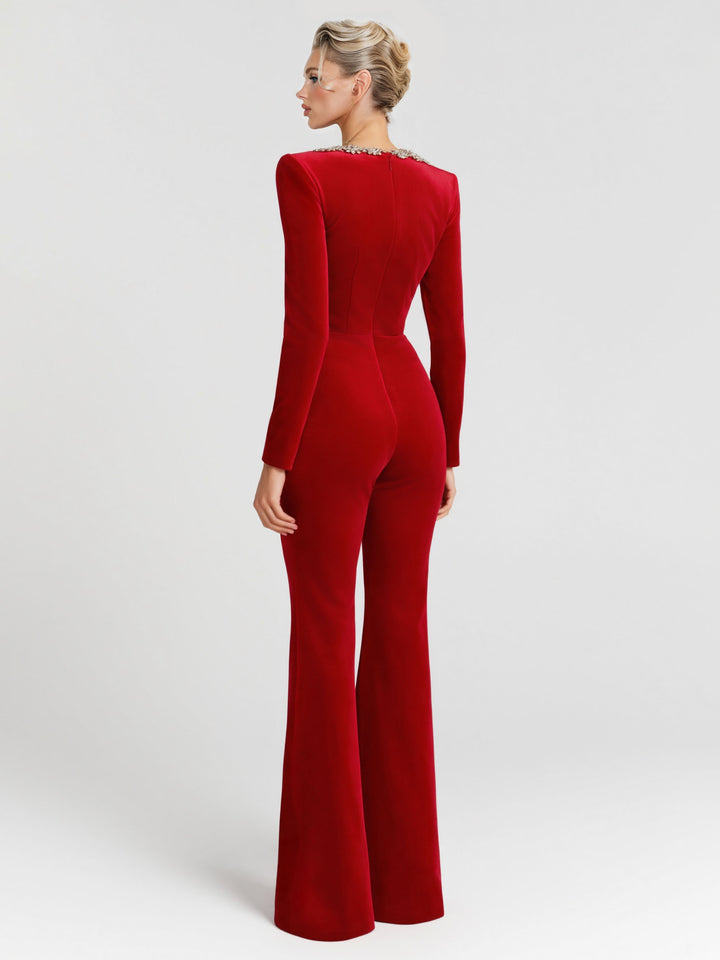 Elegant Crystal-Embellished Red Flared Jumpsuit