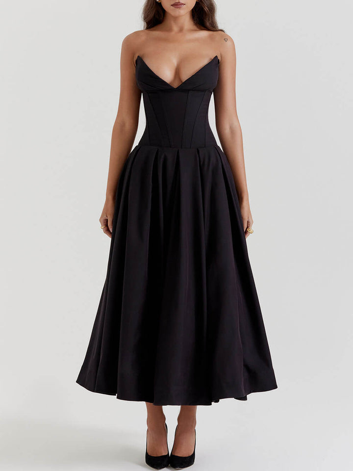 Robe mi-longue noire sans bretelles