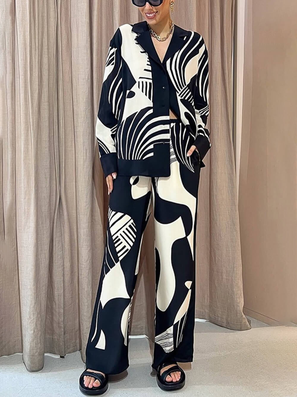 Trendy Graffiti Print Loose Wide Leg Pants Set