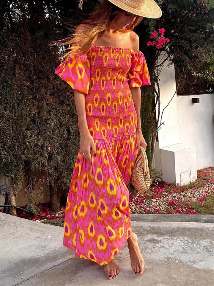 Unique Printed Off Shoulder Balloon Sleeve Smocked Midi Dress