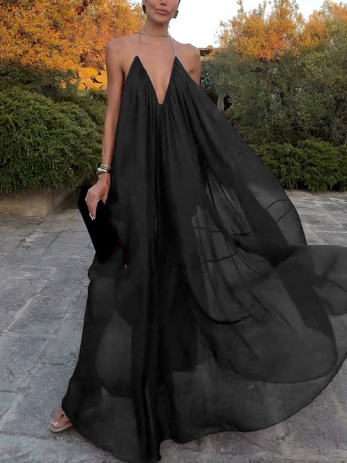 Elegant V-neck Chiffon Flowy Maxi Dress