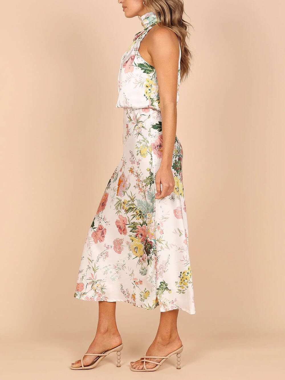 Robe longue florale à taille élastique et col licou