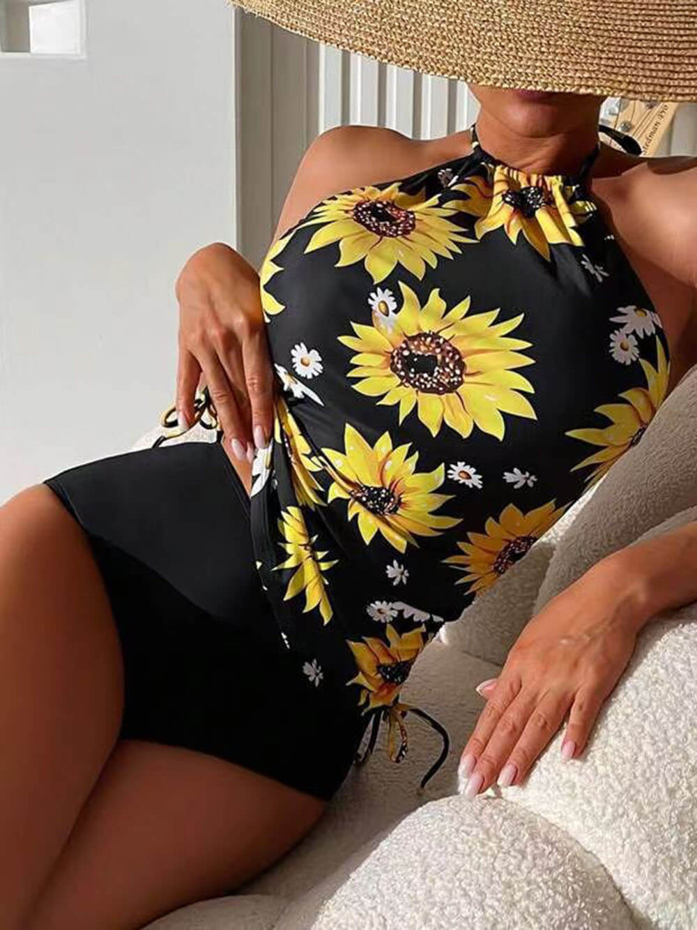 Sunflower Print Halter Neck Stahovací Tankini Set