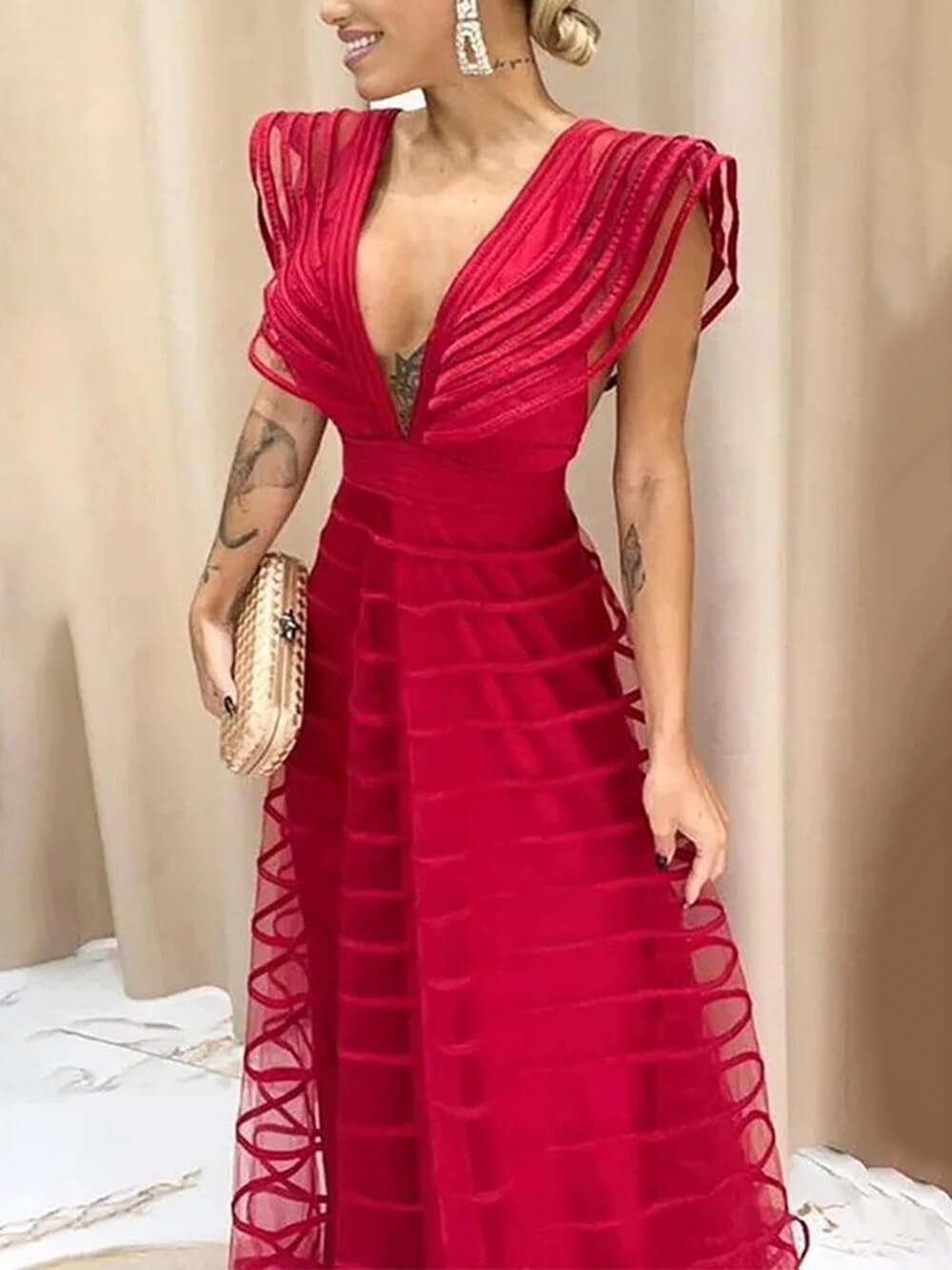 Exquisite Mesh-Panel Deep V-Neck Party Maxi Dress