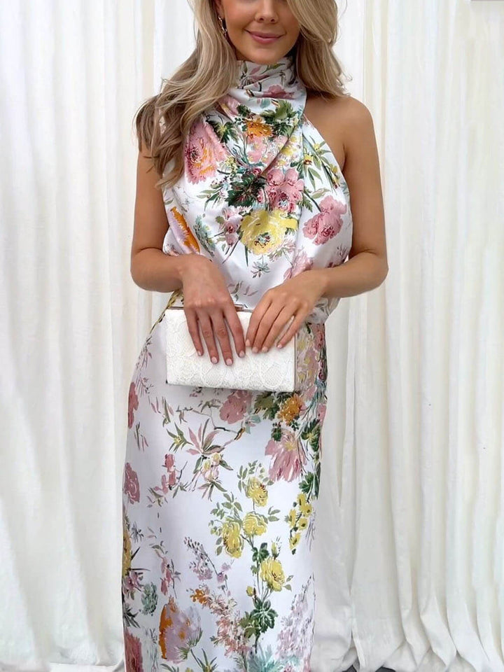 Robe longue florale à taille élastique et col licou