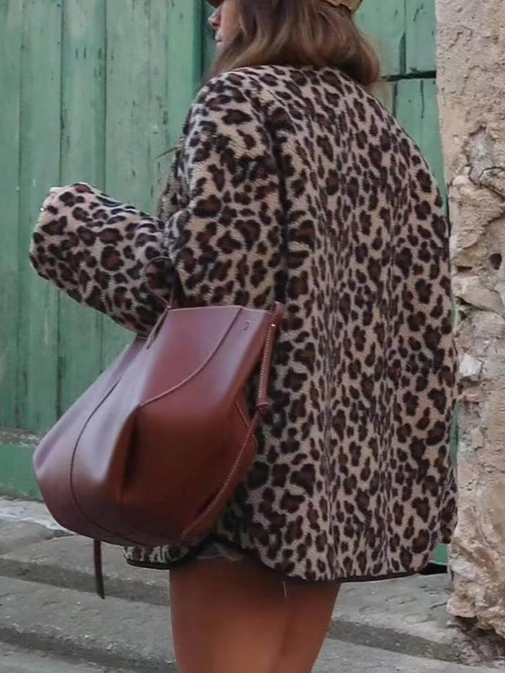 Casaco casual solto com estampa de leopardo e manga comprida