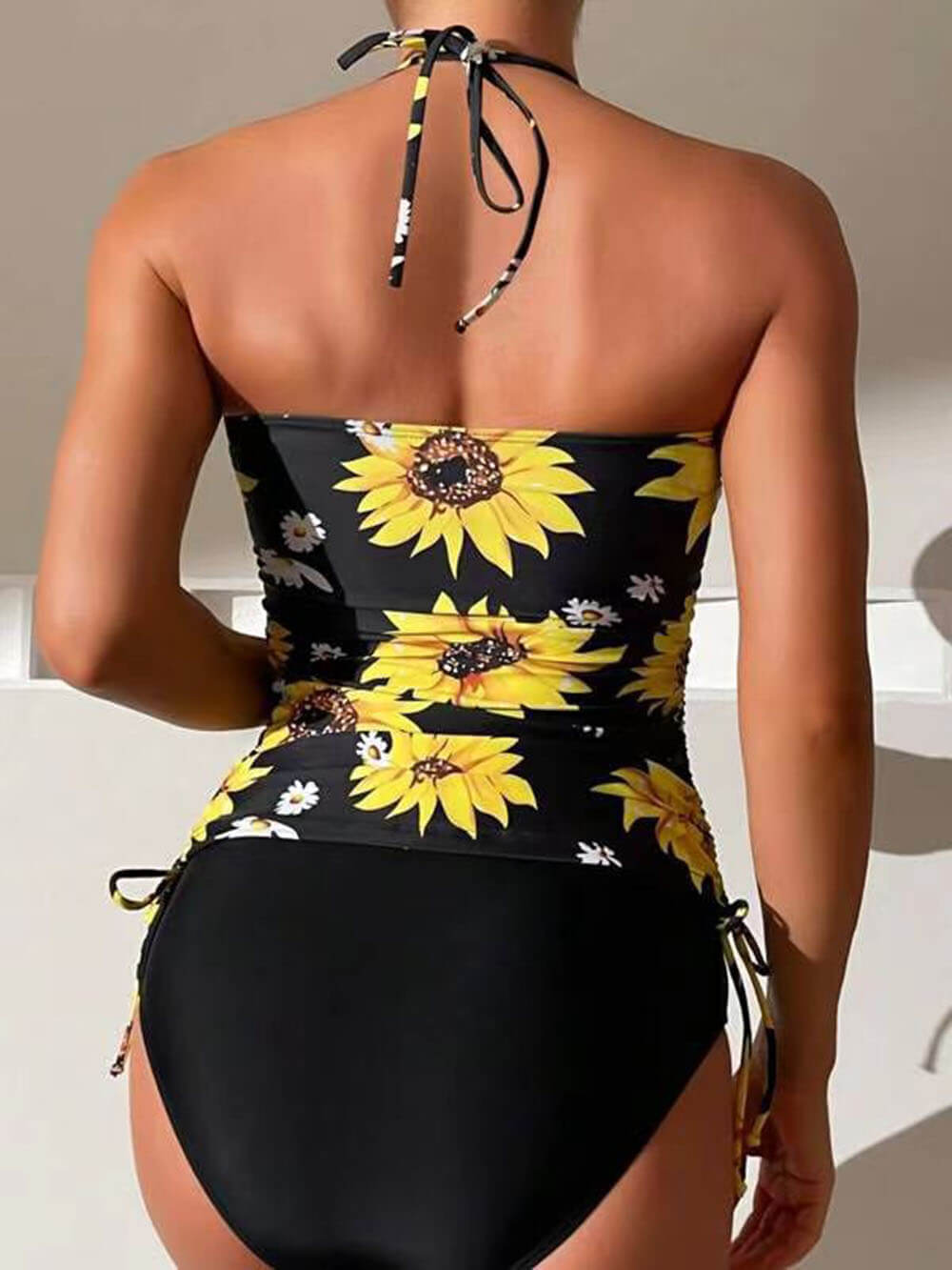 Neckholder-Tankini-Set mit Sonnenblumen-Print und Kordelzug