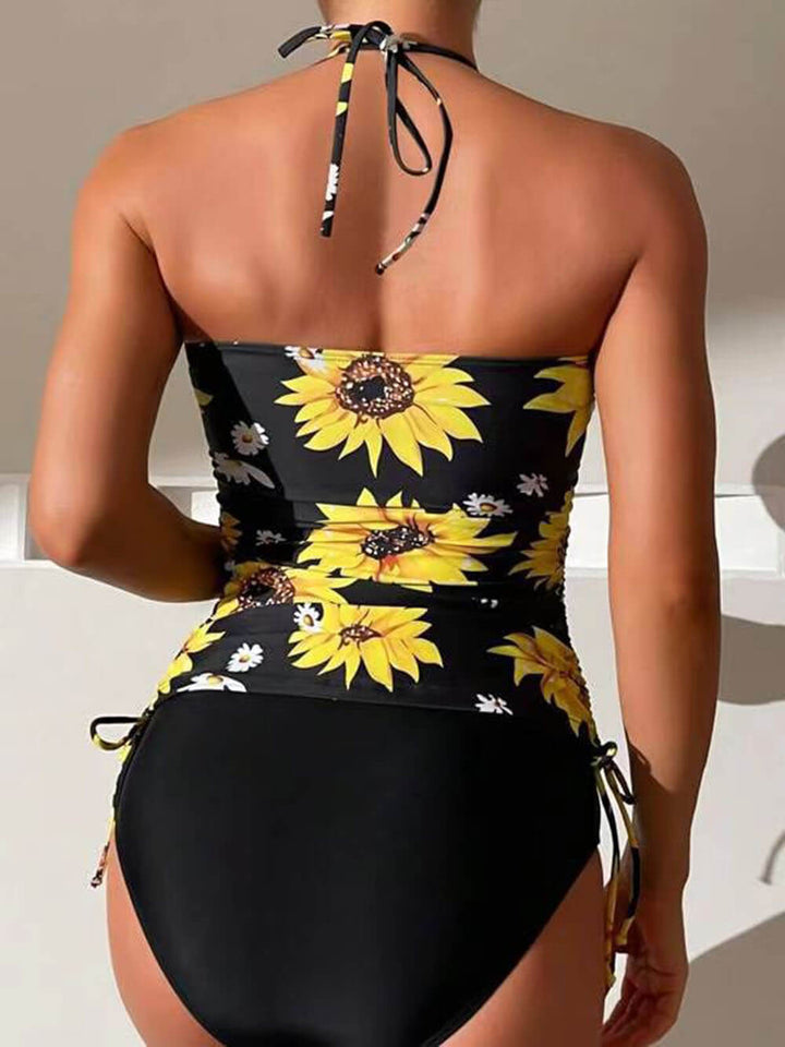 Set tankini con coulisse e scollo all'americana con stampa girasole