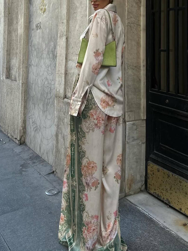 Unieke bloemen losse bedrukte stretch taille wijde pijpen broek