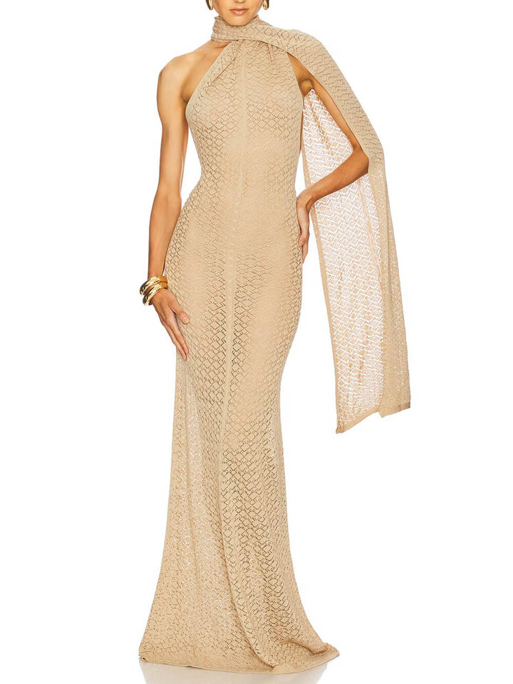 Exquisite Backless Mesh Wrap Scarf Detail Knit Maxi Dress