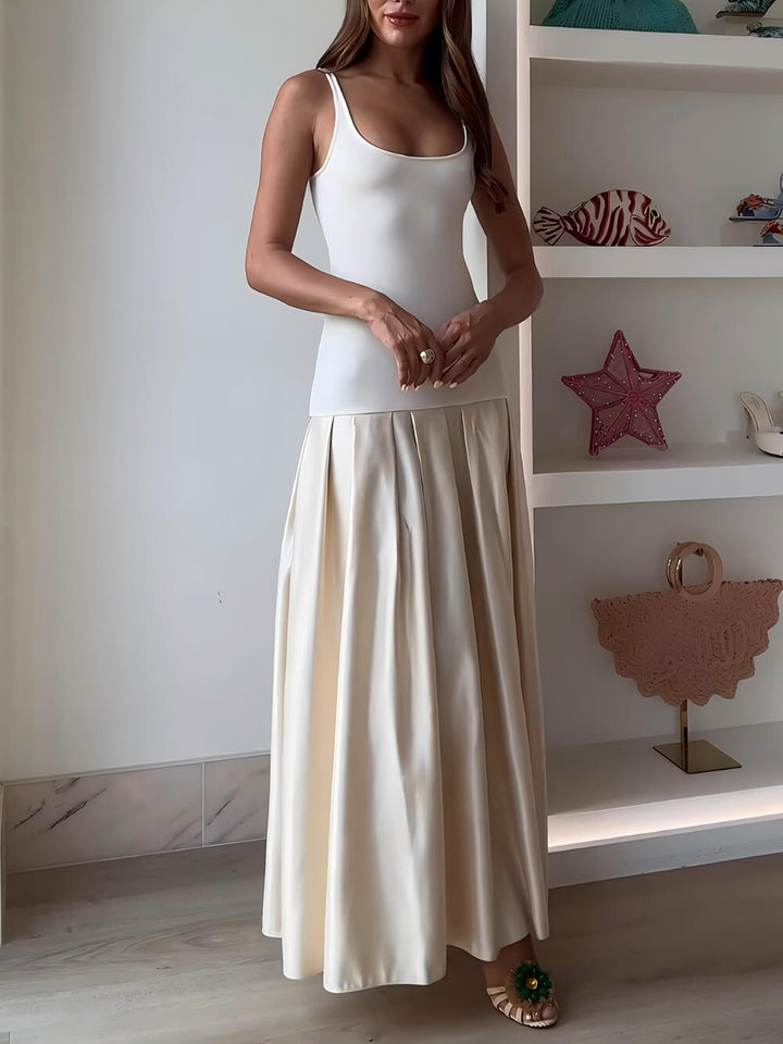 Classic Round-Neck Satin Patchwork Maxi Dress
