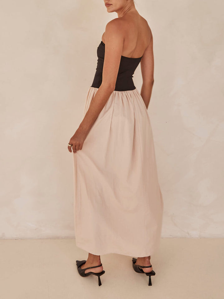 Strapless maxi-jurk met zwarte en zandpanelen