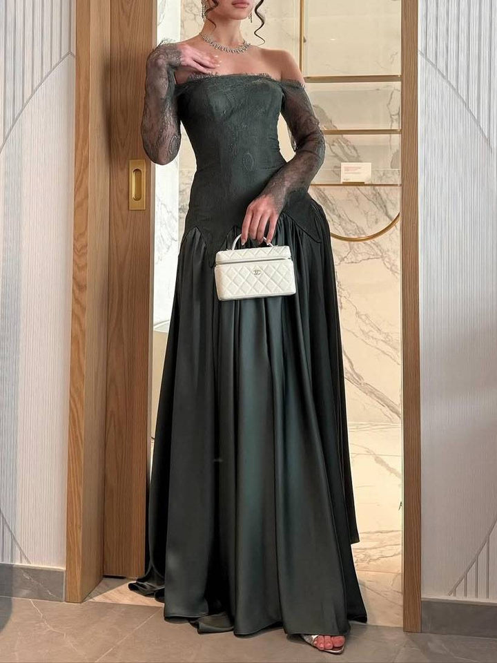 Off-shoulder Lace Splicing Maxi Dress