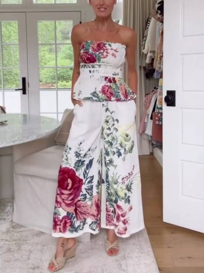 Floral Print Tube Top And Wide-Leg Pants Suit