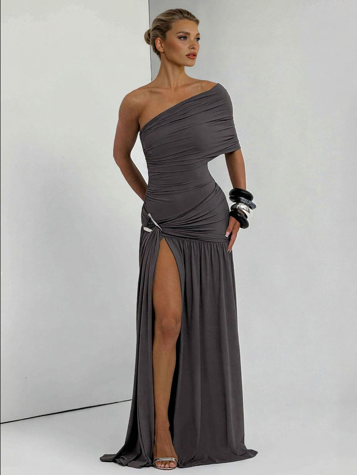 Elegant One-Shoulder Ruched Slit Maxi Dress