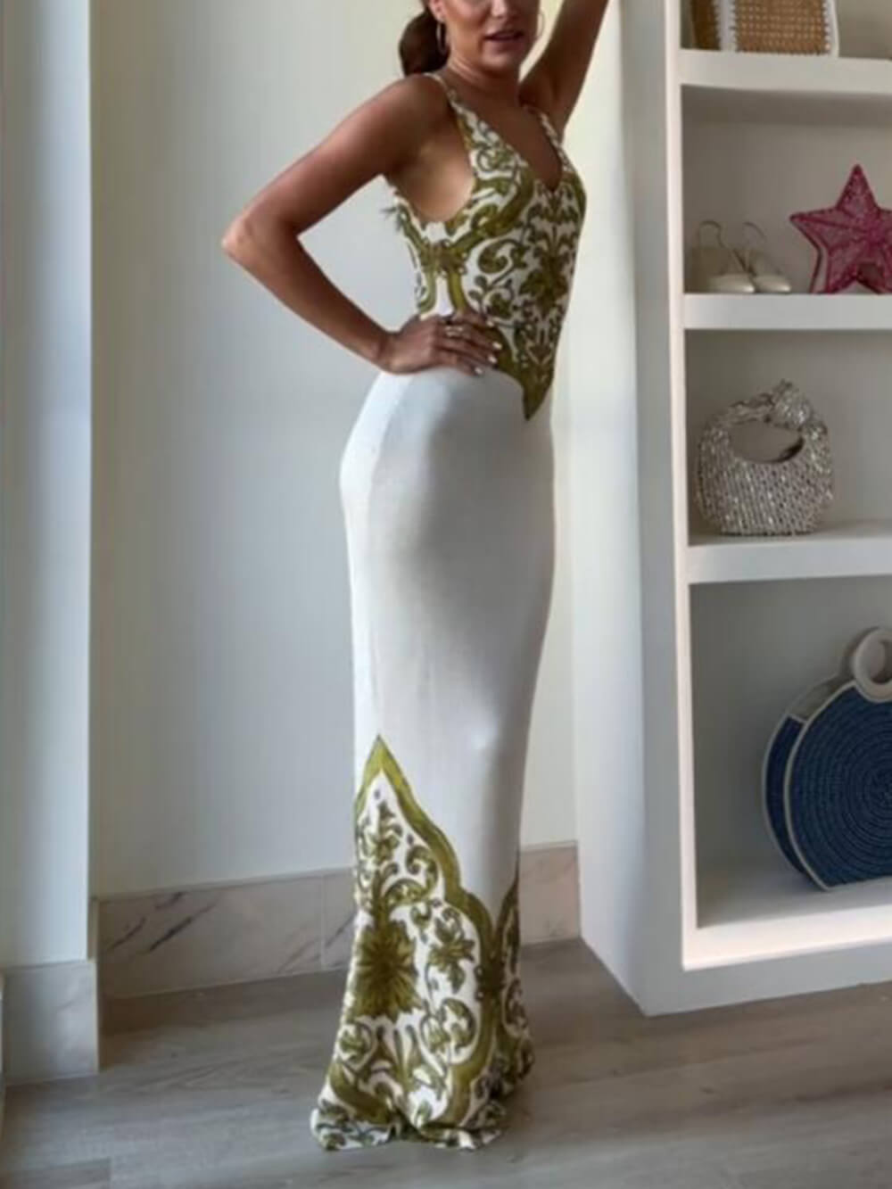 Extraordinária Elegância Simétrica Exclusiva Estampa Stretch Fishtail Maxi Vestido