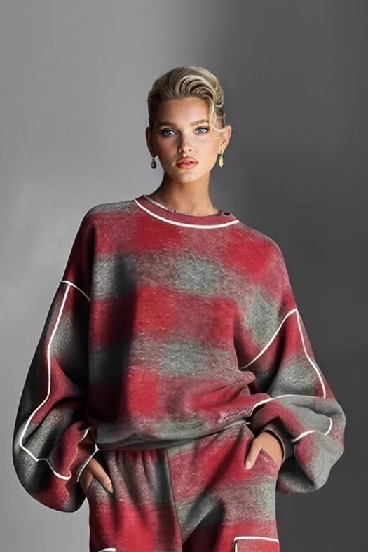 Fashion Street-Style Red And Gray Plaid Color-Block Wide-Leg Pants