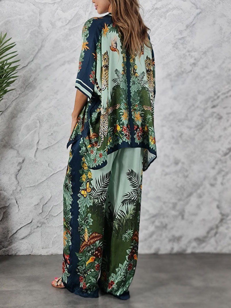 Exotic Jungle Print Batwing Sleeve Shirt & Wide Leg Pants Set