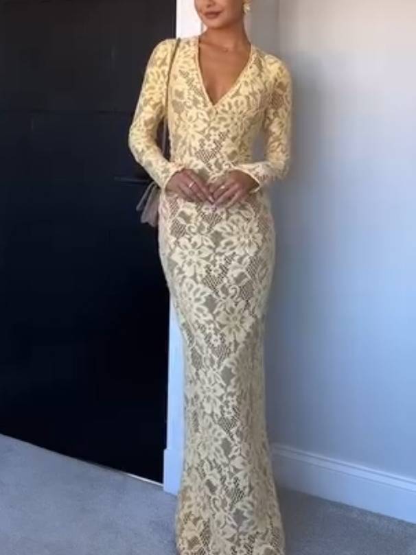 V-Neck Lace Long Sleeve Maxi Dress