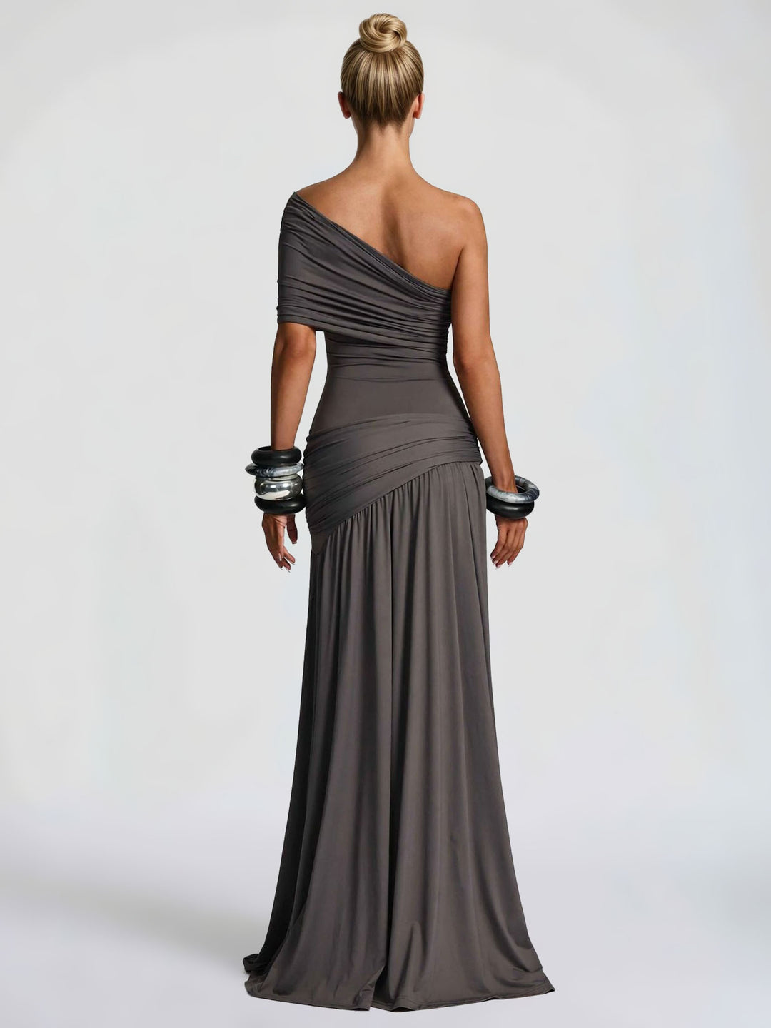 Elegant One-Shoulder Ruched Slit Maxi Dress