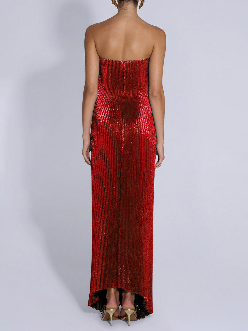 Elegant Strapless Gown With Shiny Pleated Maxi Dress