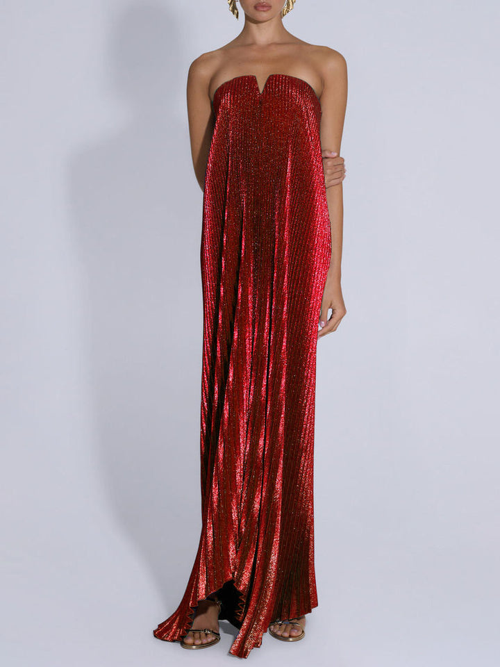 Elegant Strapless Gown With Shiny Pleated Maxi Dress