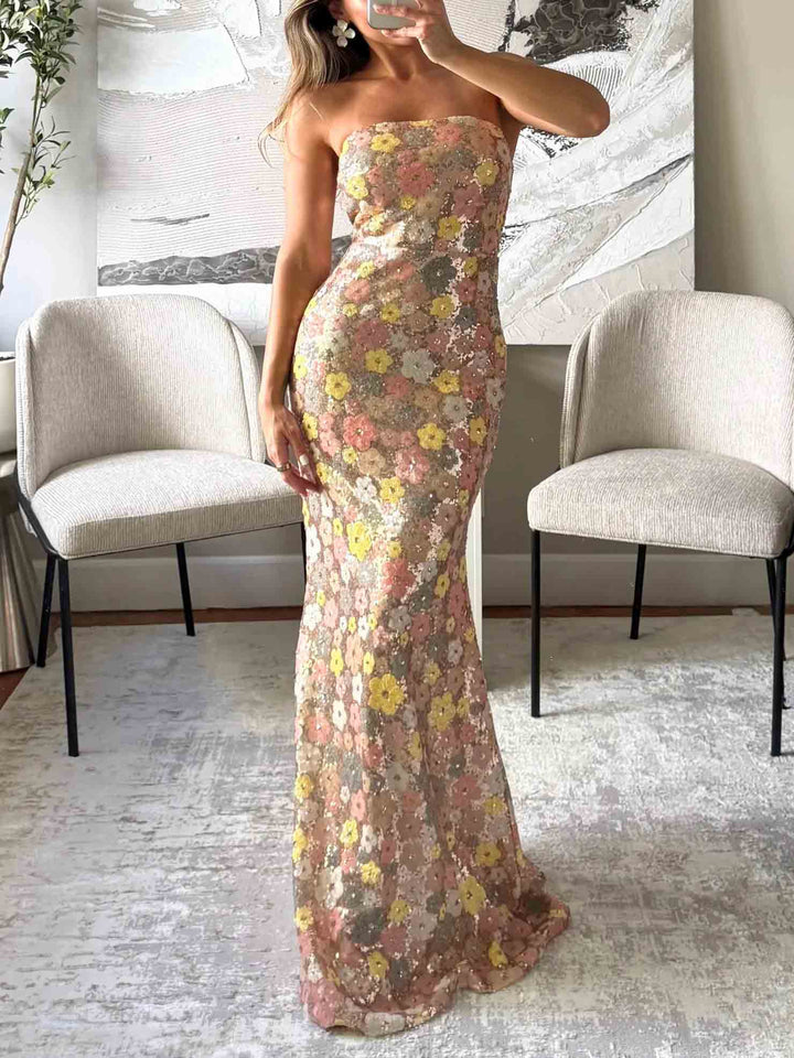 Elegant Sequined Colorful Floral Gown Maxi Dress