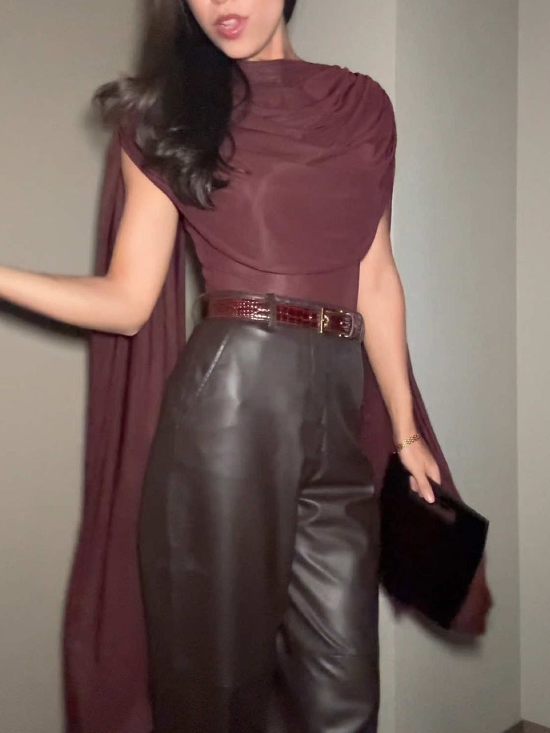 Elegant Draped Top And Wide-leg Faux Leather Pants Two-piece Set
