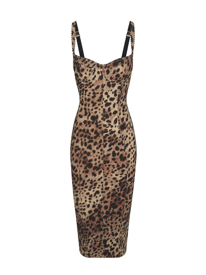 Sexy Suspender Low-cut Leopard Print Midi Dress