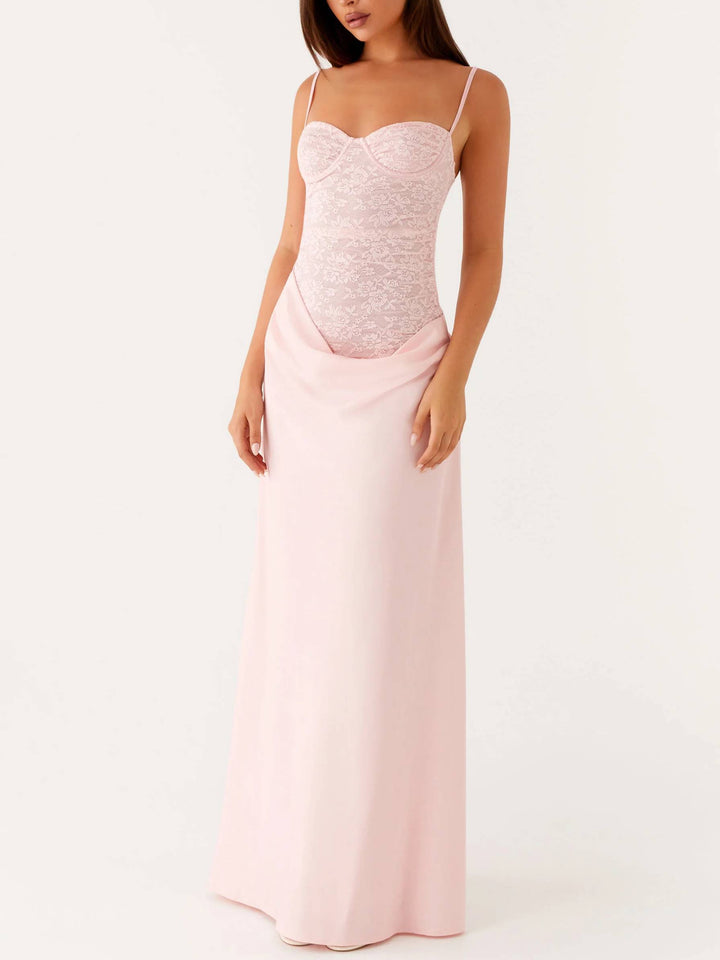 Slim-Fit Lace Splicing Pleated Skirt Maxi Sling Dress