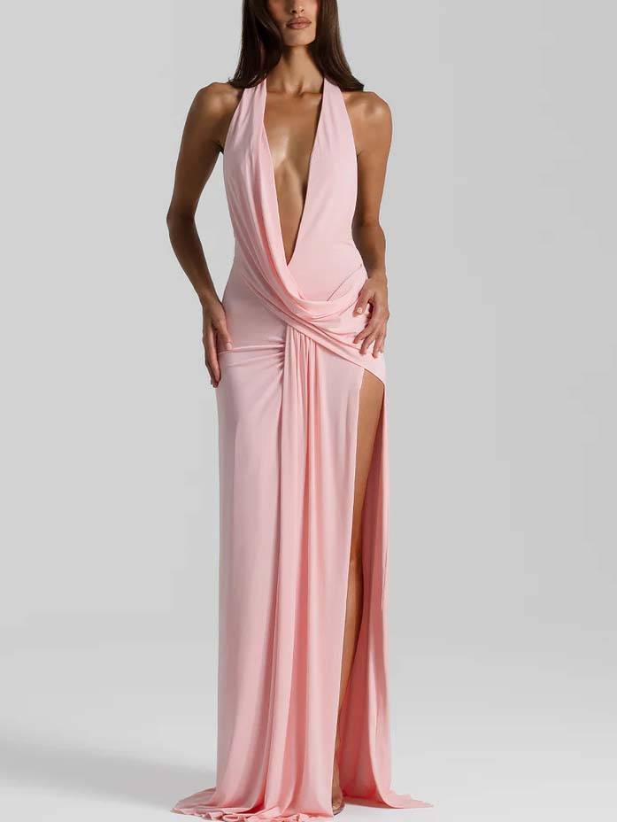 Sexy Deep V-neck Backless Side Slit Maxi Dress
