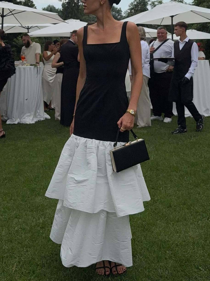 Color Contrast Square Collar Sling Double-Layer Ruffled Maxi Dress