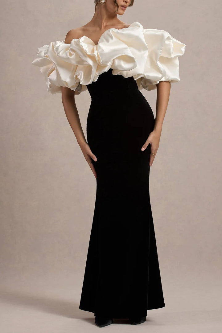 Off-Shoulder Color Contrast Velvet Splicing Maxi Dress