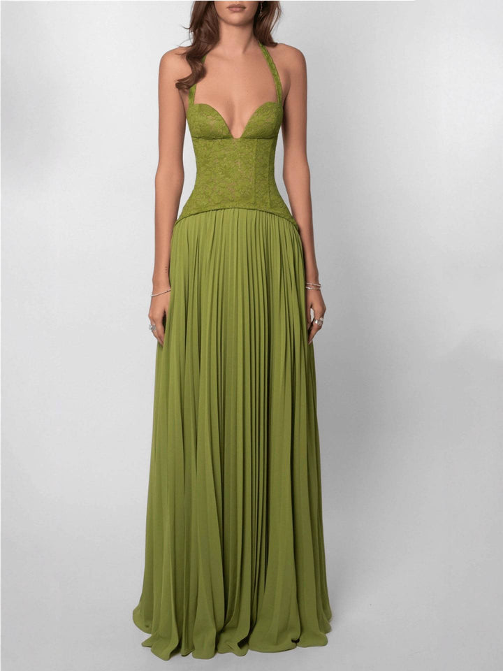 Lace Splicing Halter Neck Maxi Dress