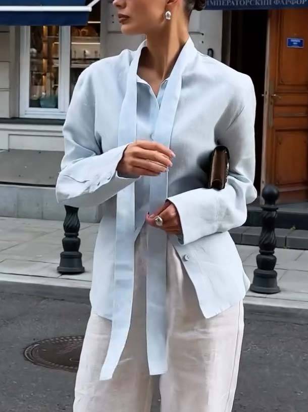 Minimalist Stand-up Collar Ribbon Back Lace-up Shirt and Wide Leg Pants Set-Shirt