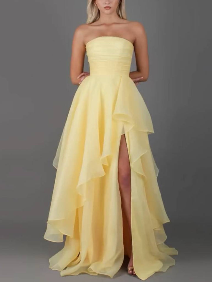 Tube Top Front Slit Multi-layer Maxi Dress