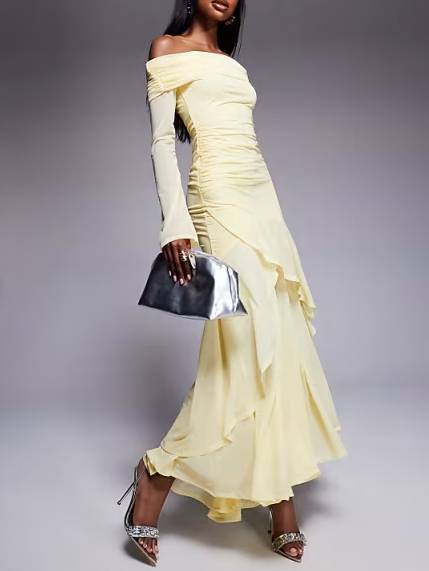 Off Shoulder Long Sleeve Irregular Hem Maxi Dress