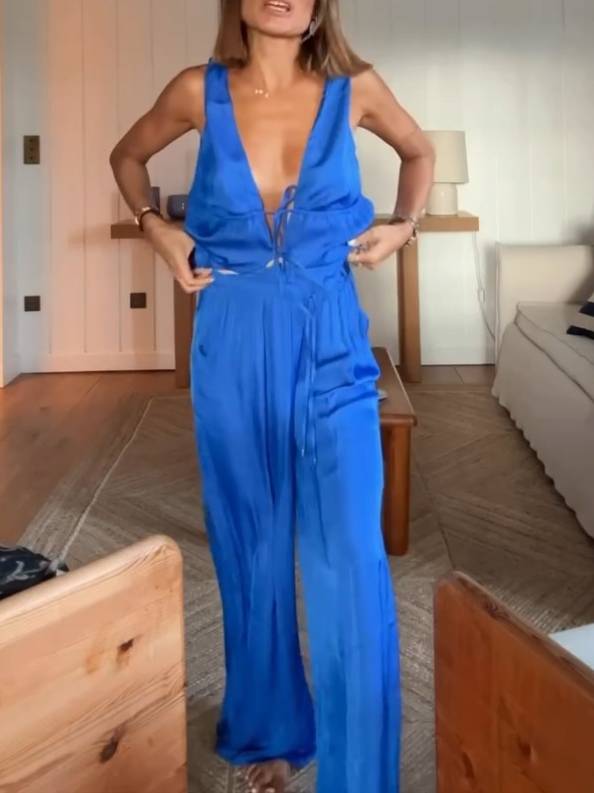 Lace-Up Vest And  Wide-Leg Pants Suit