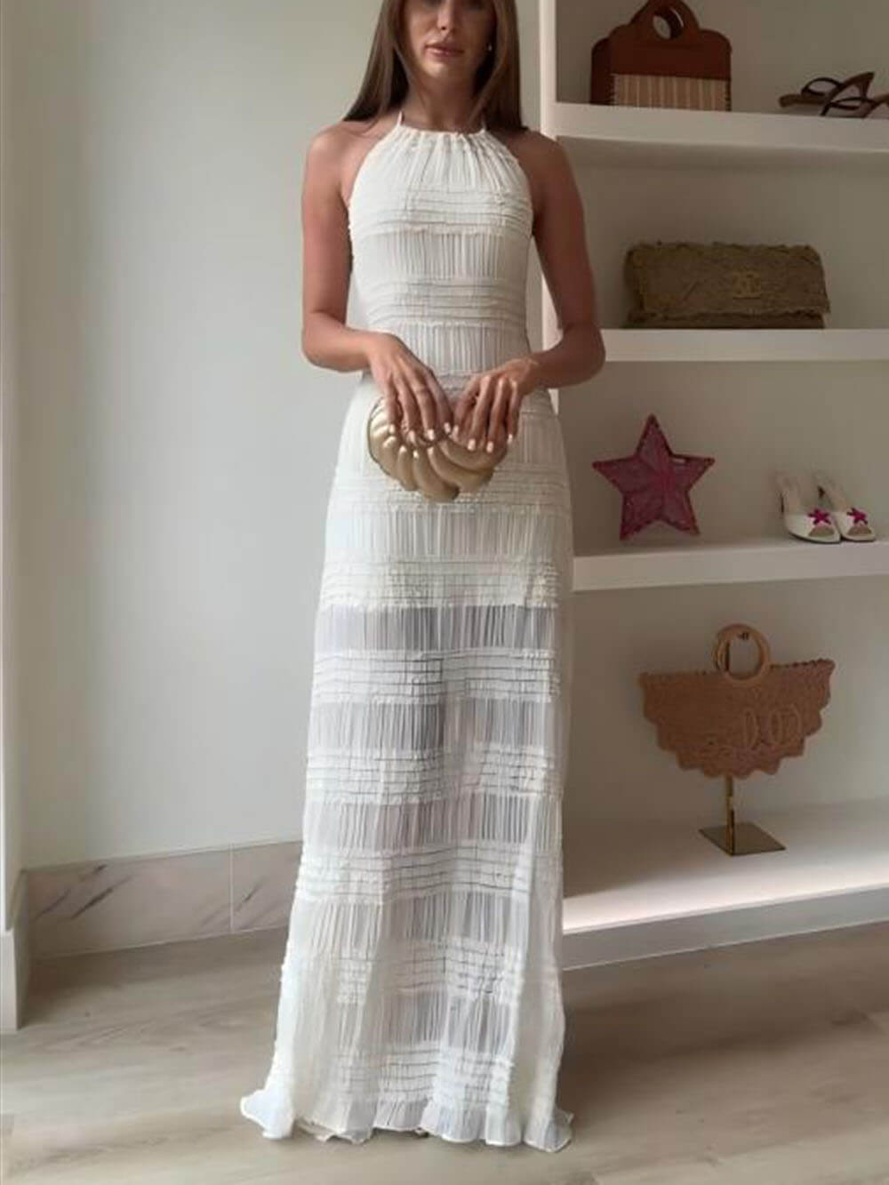 Delicate Hollow Pleated Lace-Up Maxi Dress