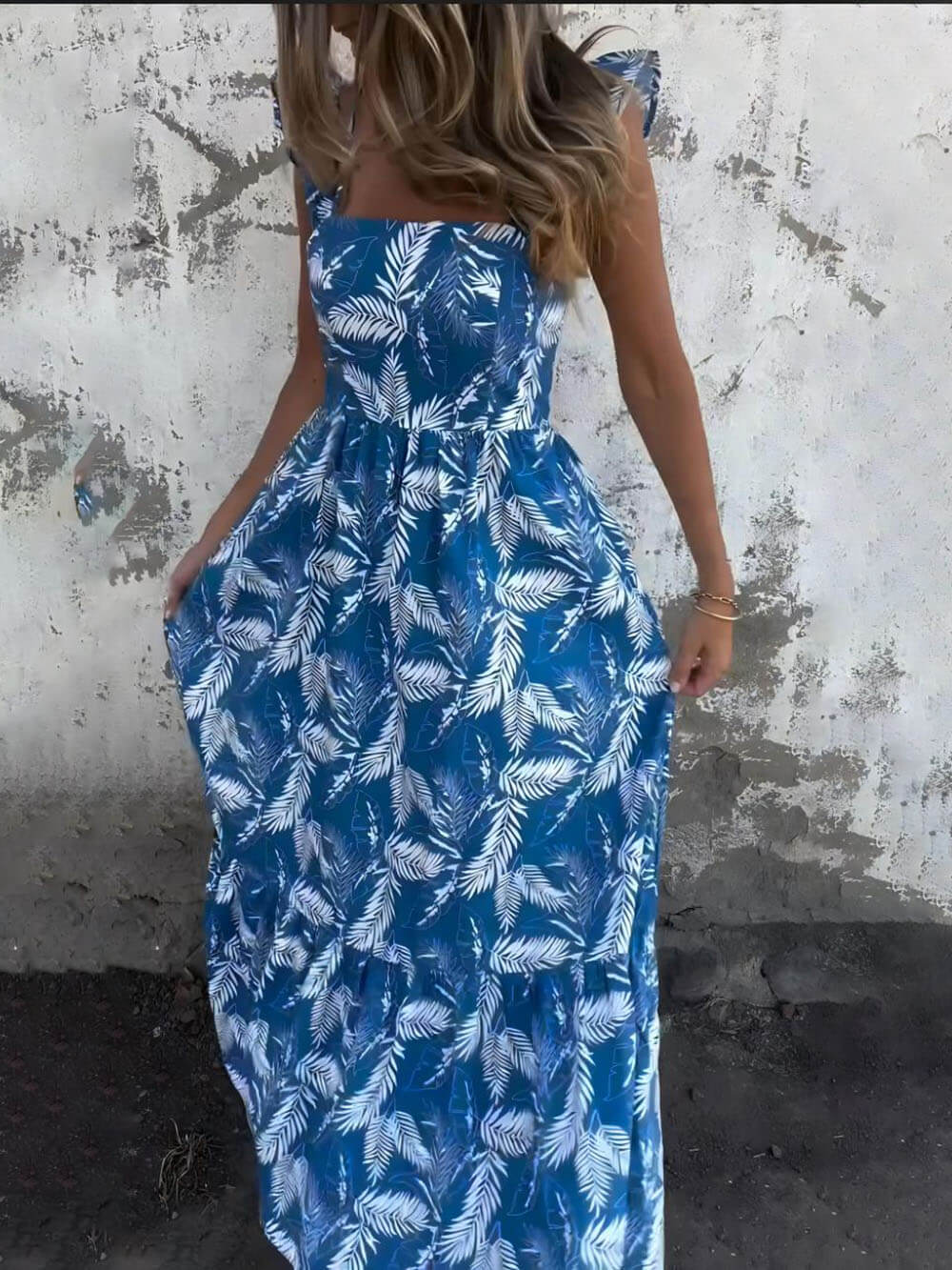 Elegant Hollow Tie Feather Print Ruffle Sleeve Maxi Dress